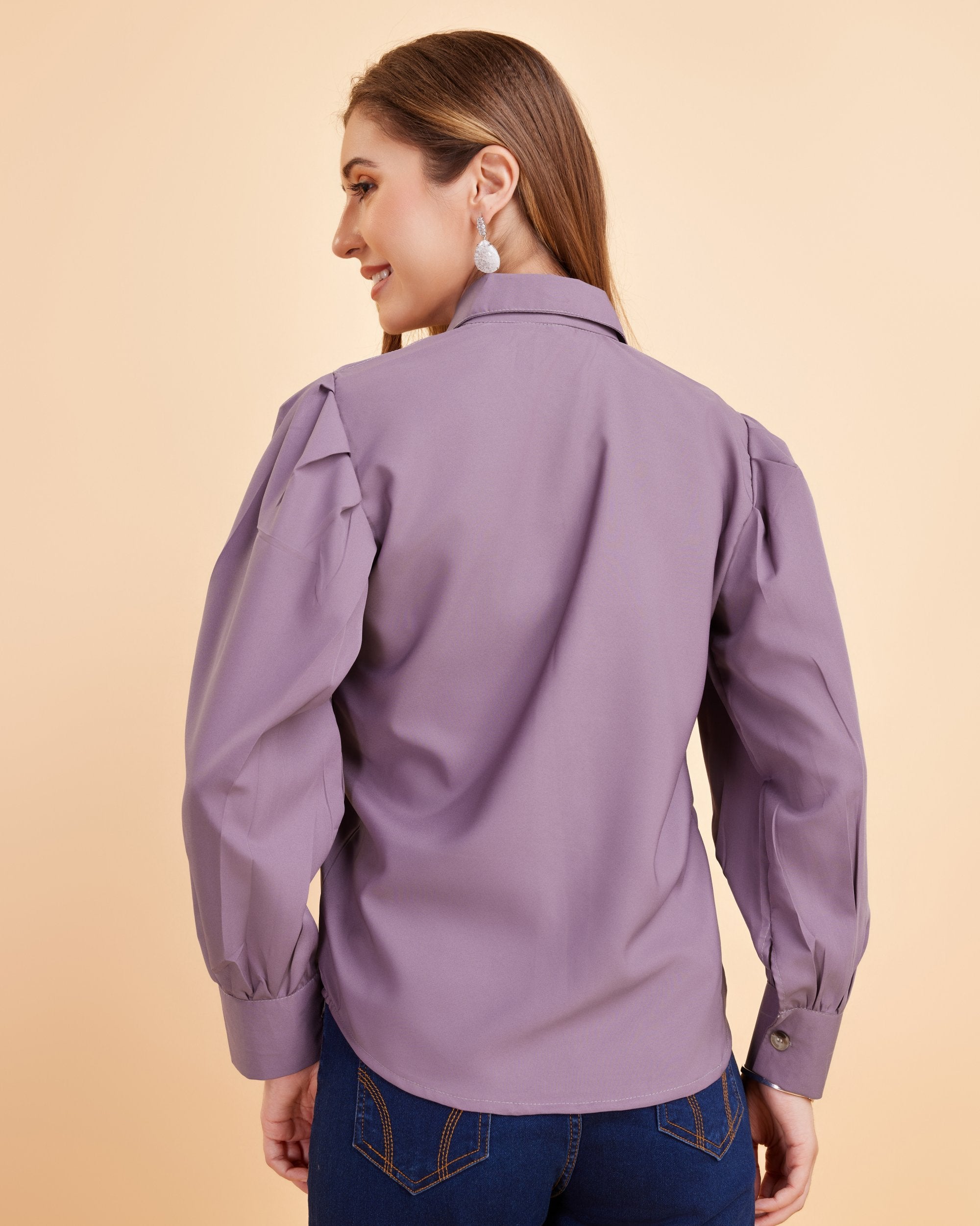 Women Purple Collared Puff Sleeve Solid Shirt