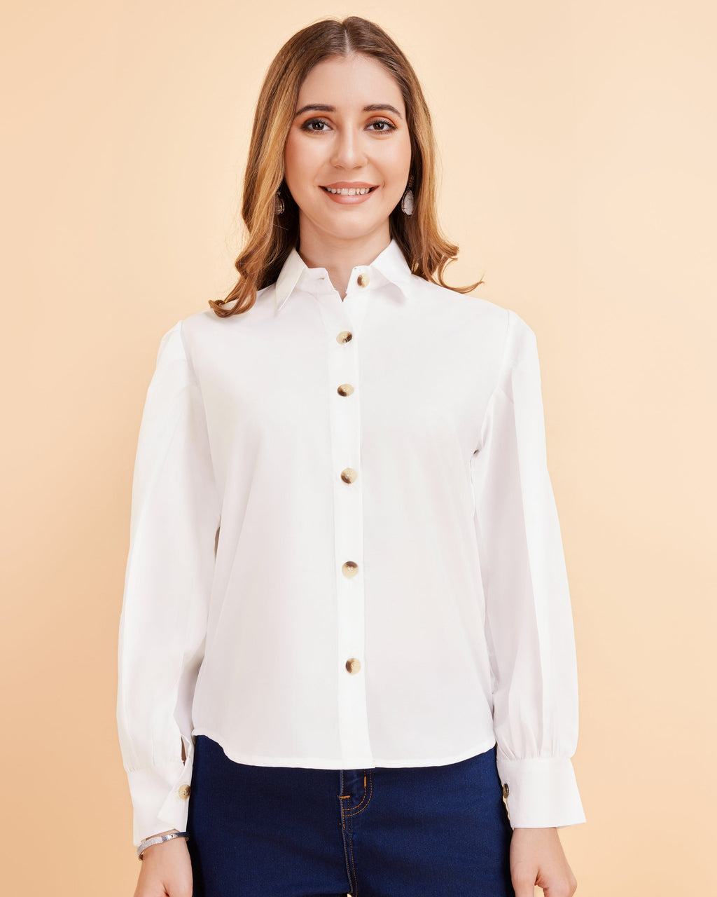 Women White Collared Puff Sleeve Solid Shirt