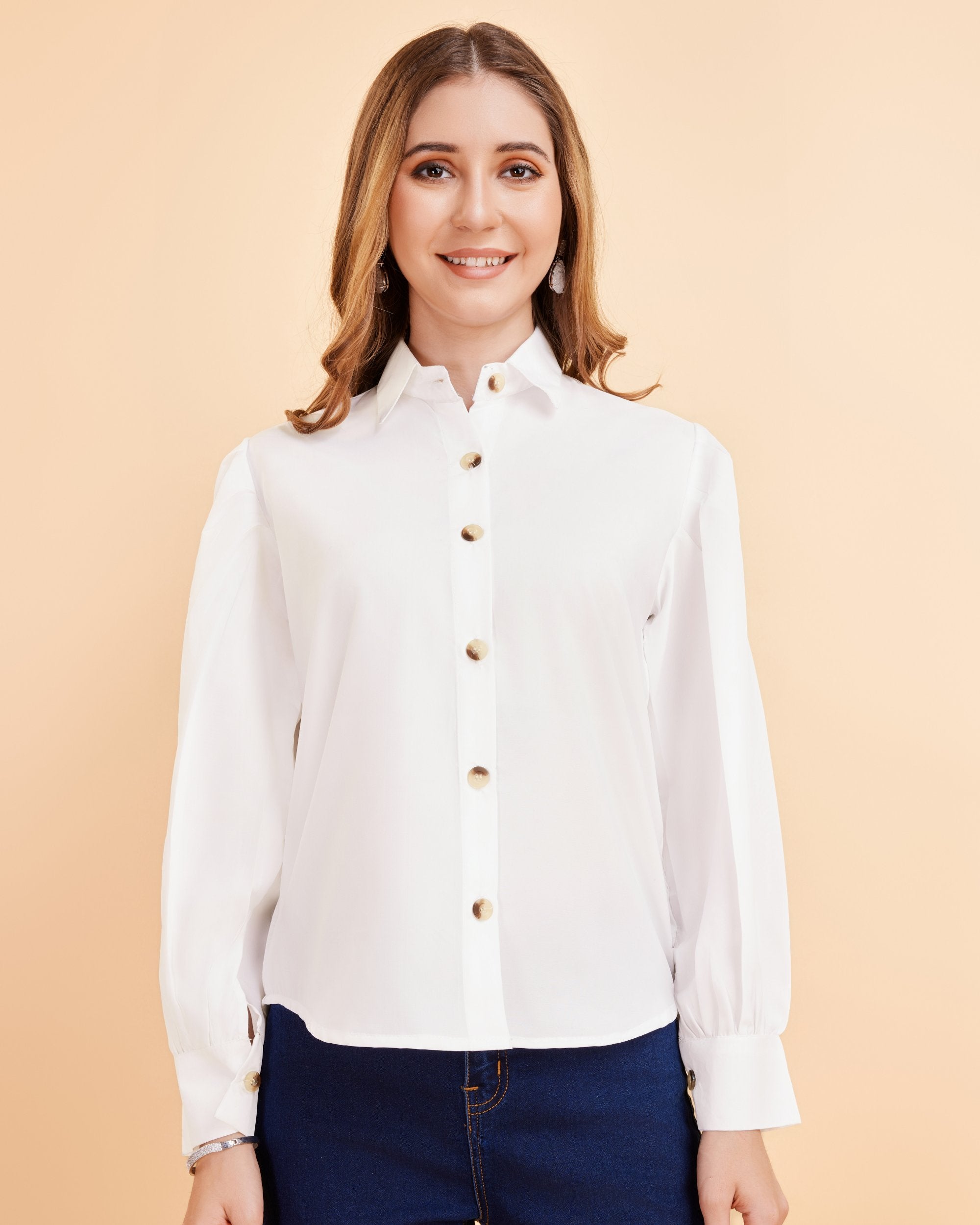 Women White Collared Puff Sleeve Solid Shirt