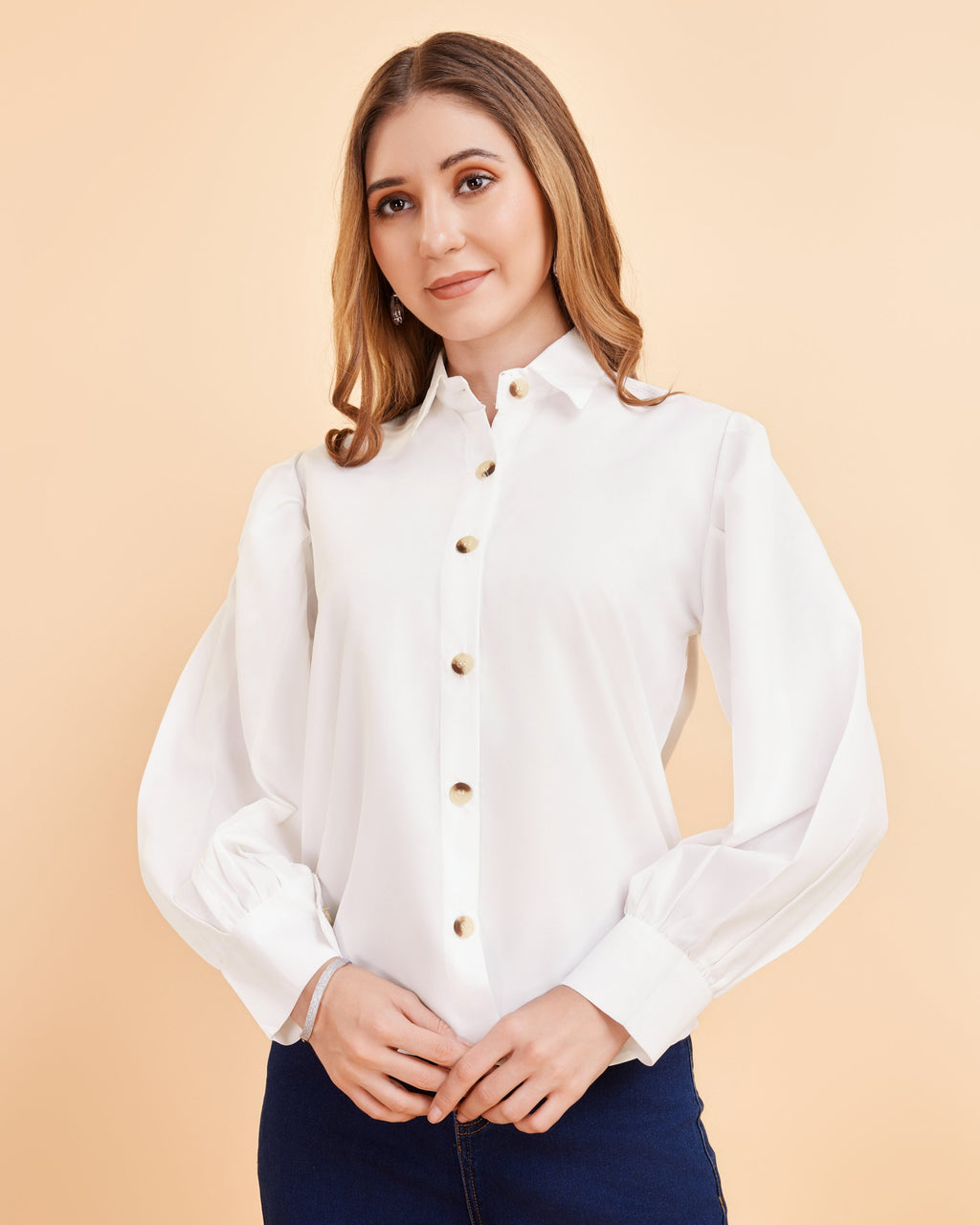 Women White Collared Puff Sleeve Solid Shirt