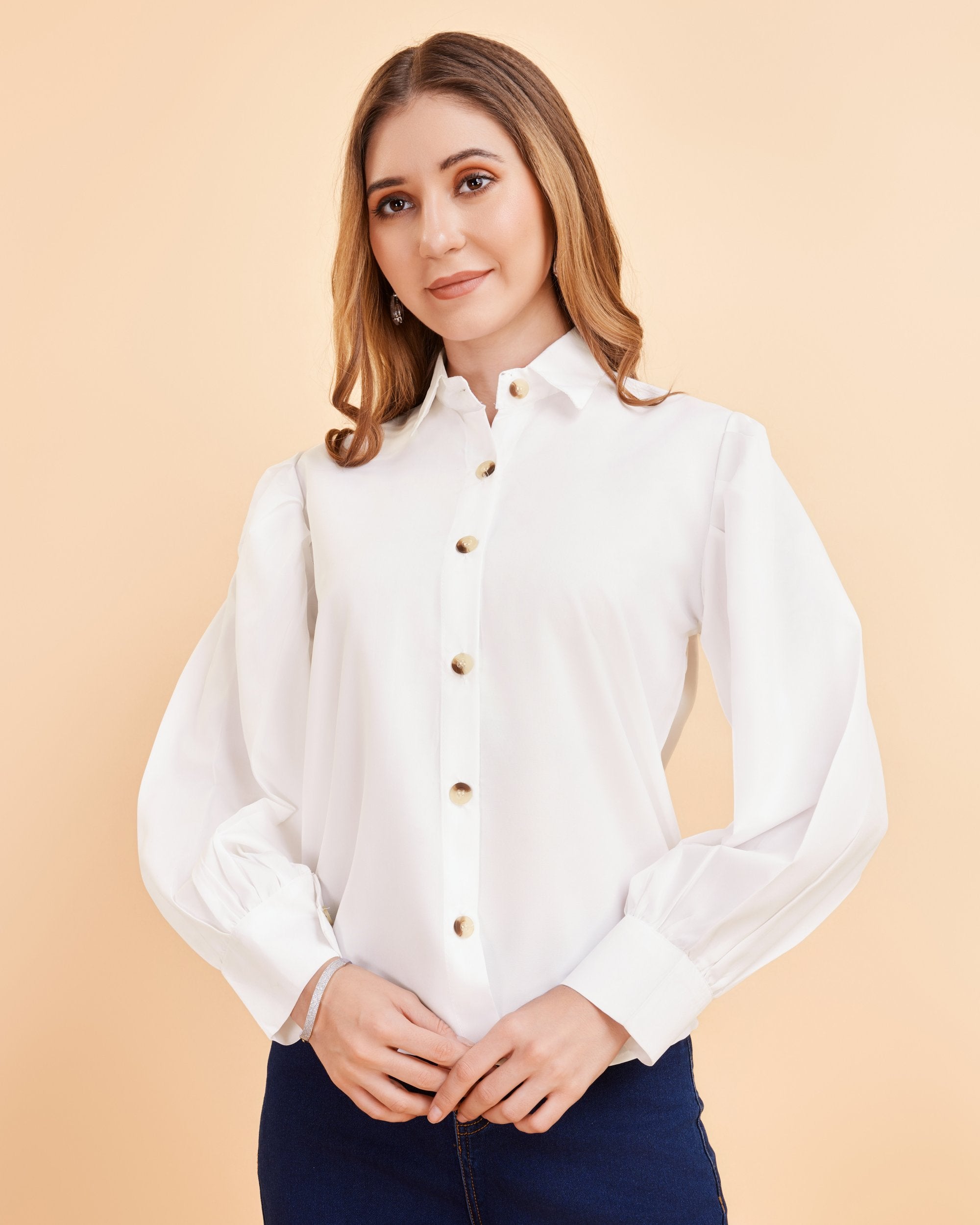 Women White Collared Puff Sleeve Solid Shirt
