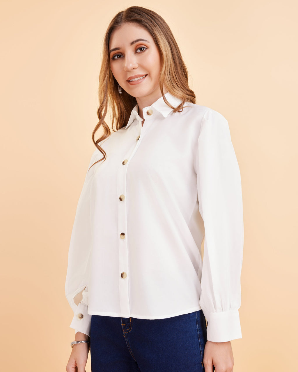 Women White Collared Puff Sleeve Solid Shirt