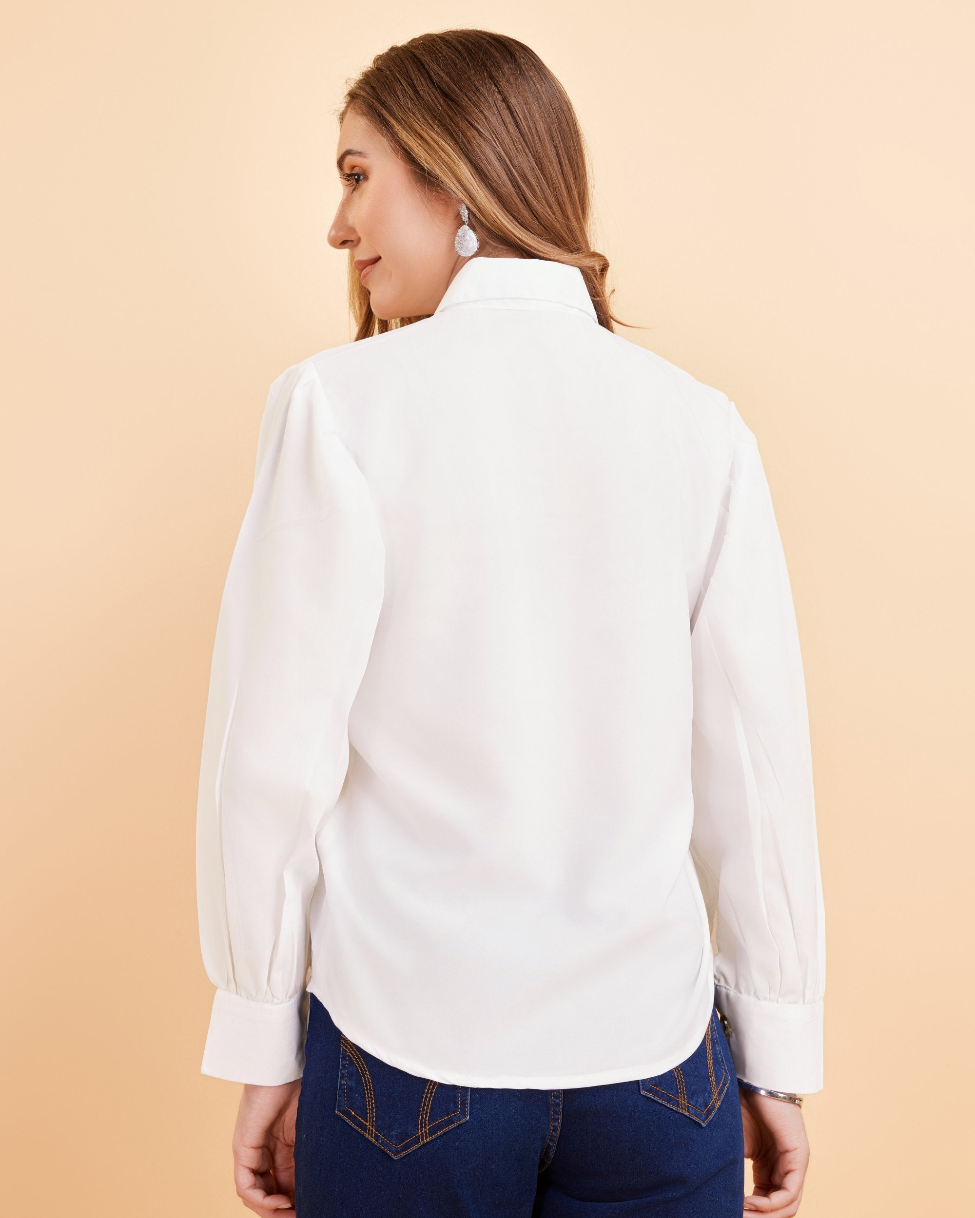 Women White Collared Puff Sleeve Solid Shirt