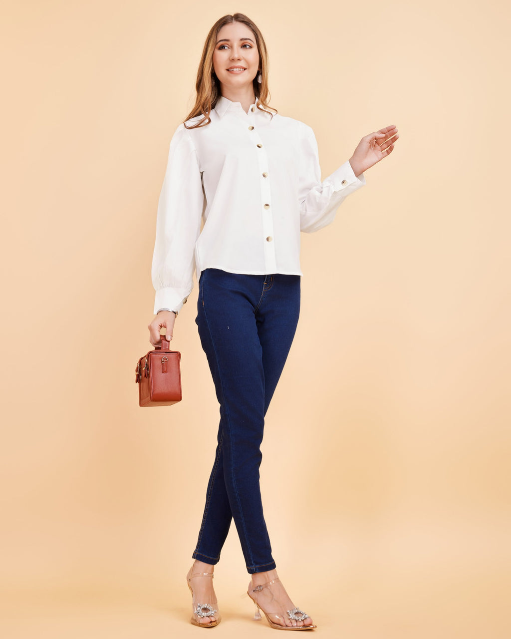 Women White Collared Puff Sleeve Solid Shirt