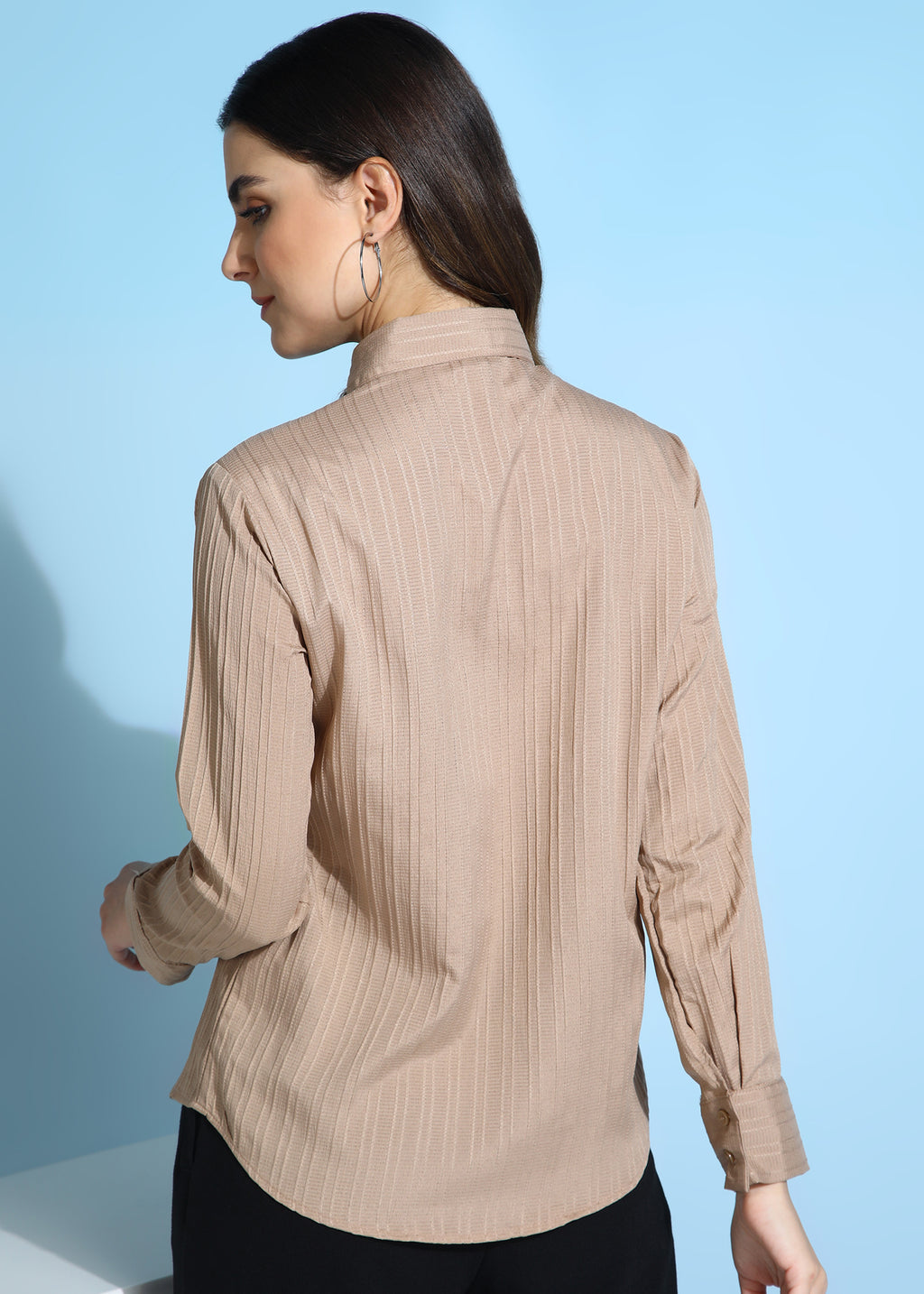 Women Beige Ribbed Long Sleeve Button-Down Shirt Top