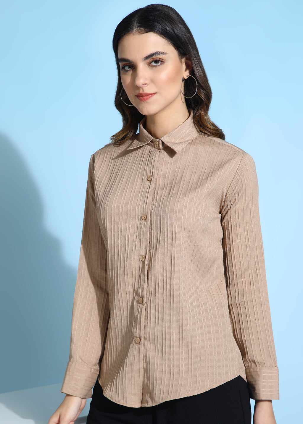 Women Beige Ribbed Long Sleeve Button-Down Shirt Top