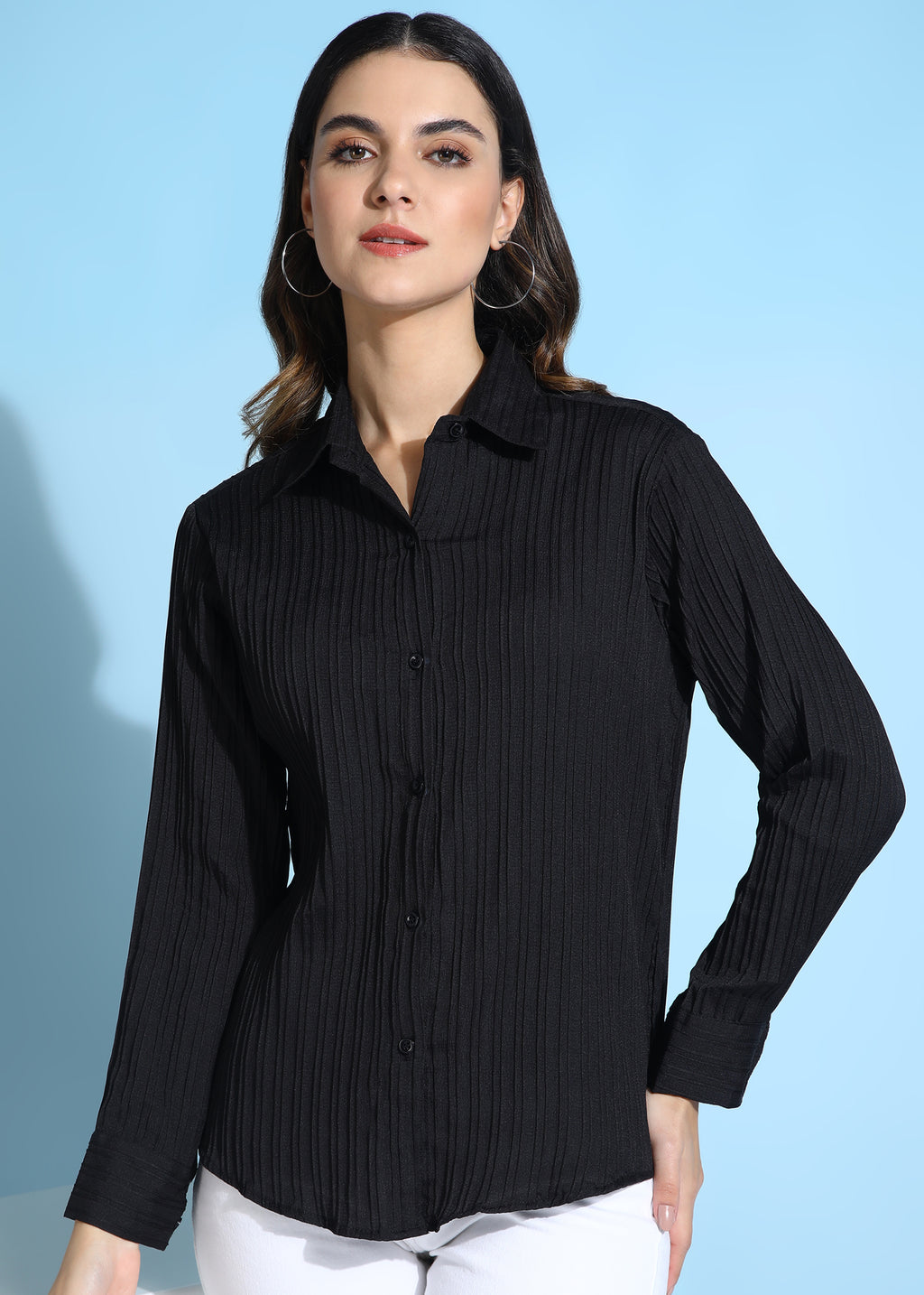 Women Black Ribbed Long Sleeve Button-Down Shirt Top