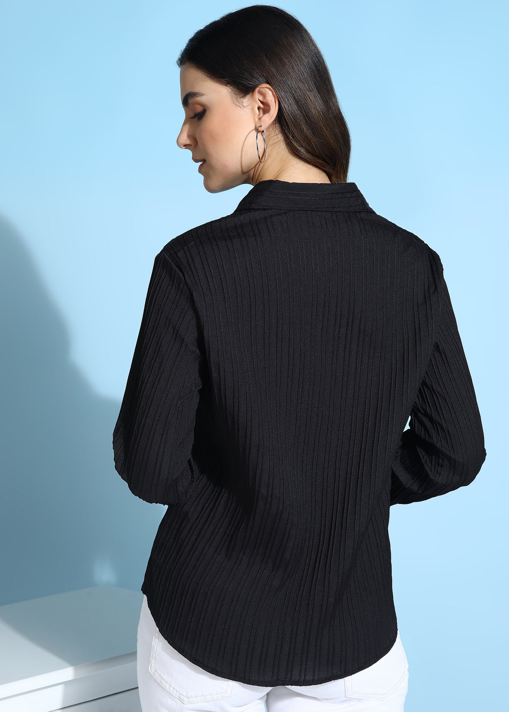 Women Black Ribbed Long Sleeve Button-Down Shirt Top