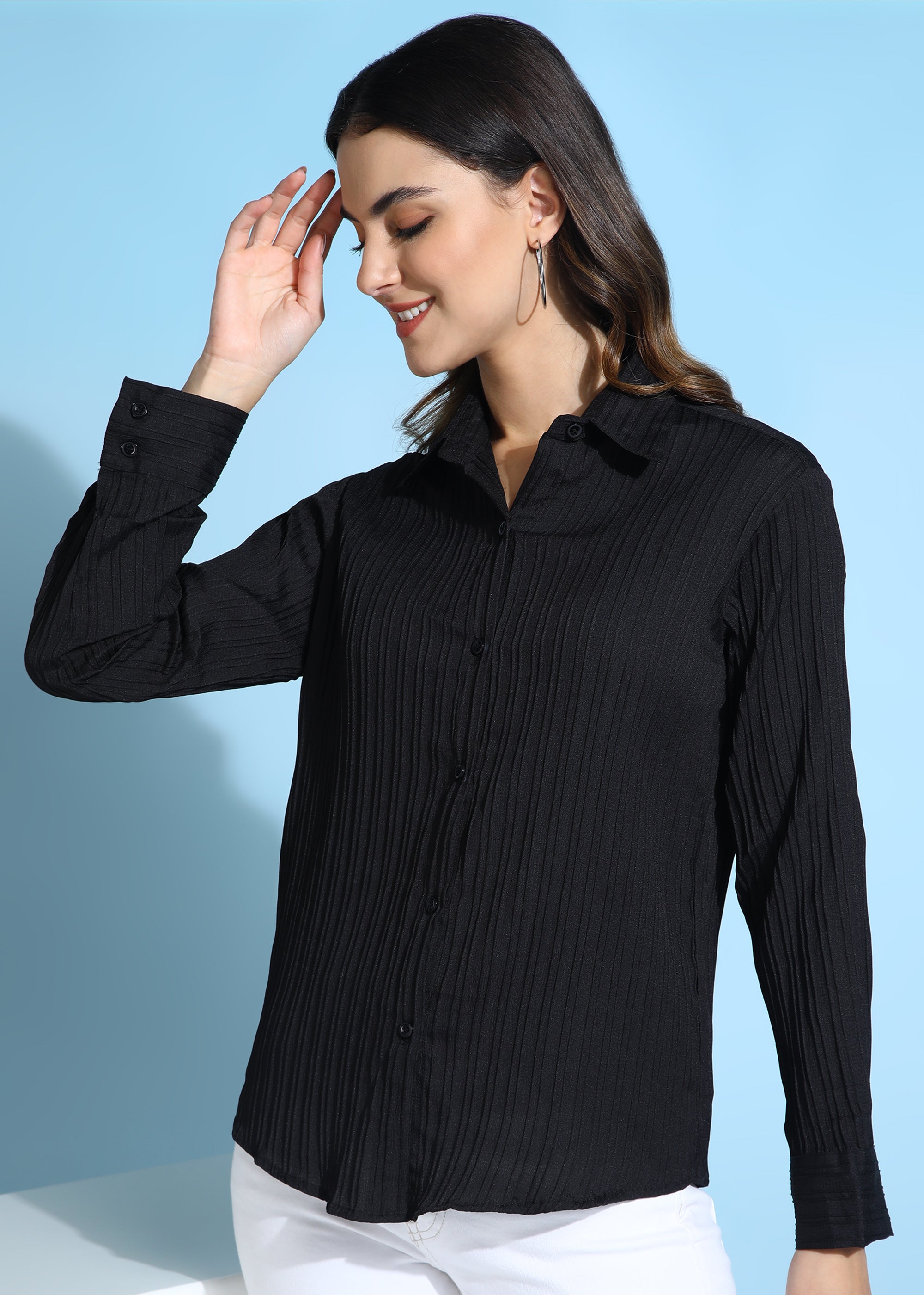 Women Black Ribbed Long Sleeve Button-Down Shirt Top