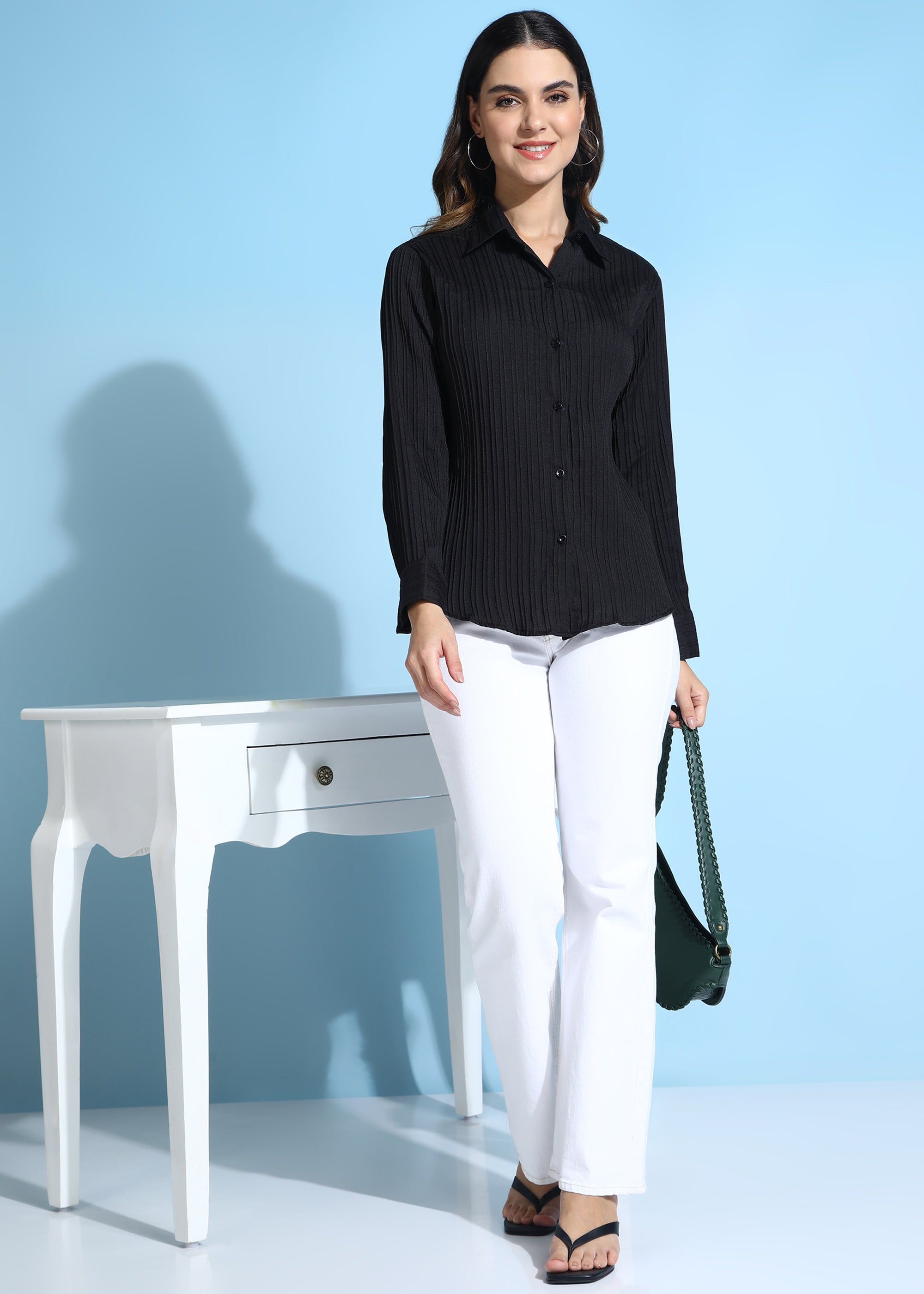 Women Black Ribbed Long Sleeve Button-Down Shirt Top