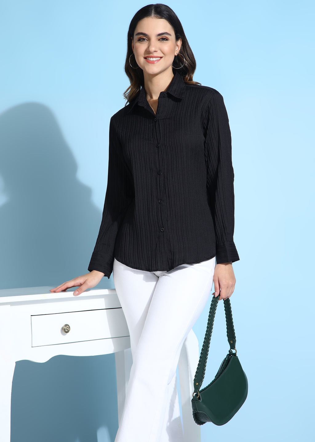 Women Black Ribbed Long Sleeve Button-Down Shirt Top