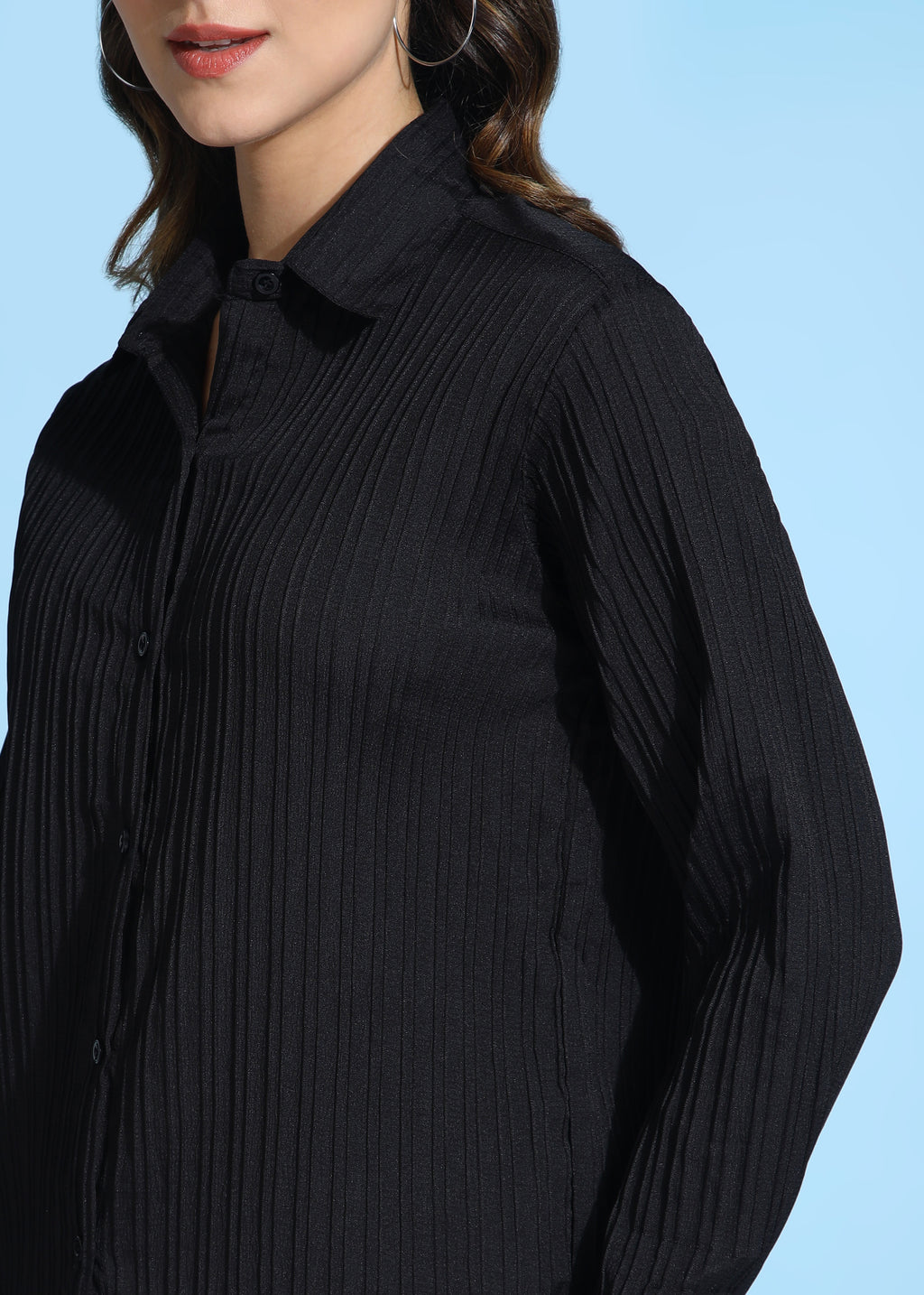 Women Black Ribbed Long Sleeve Button-Down Shirt Top