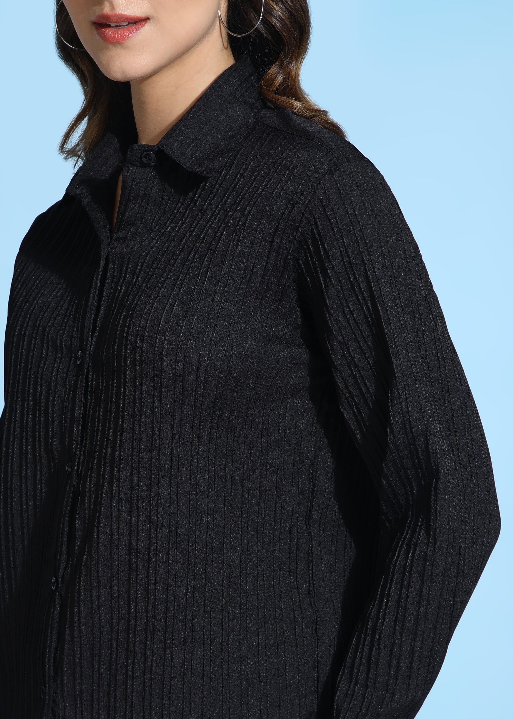 Women Black Ribbed Long Sleeve Button-Down Shirt Top