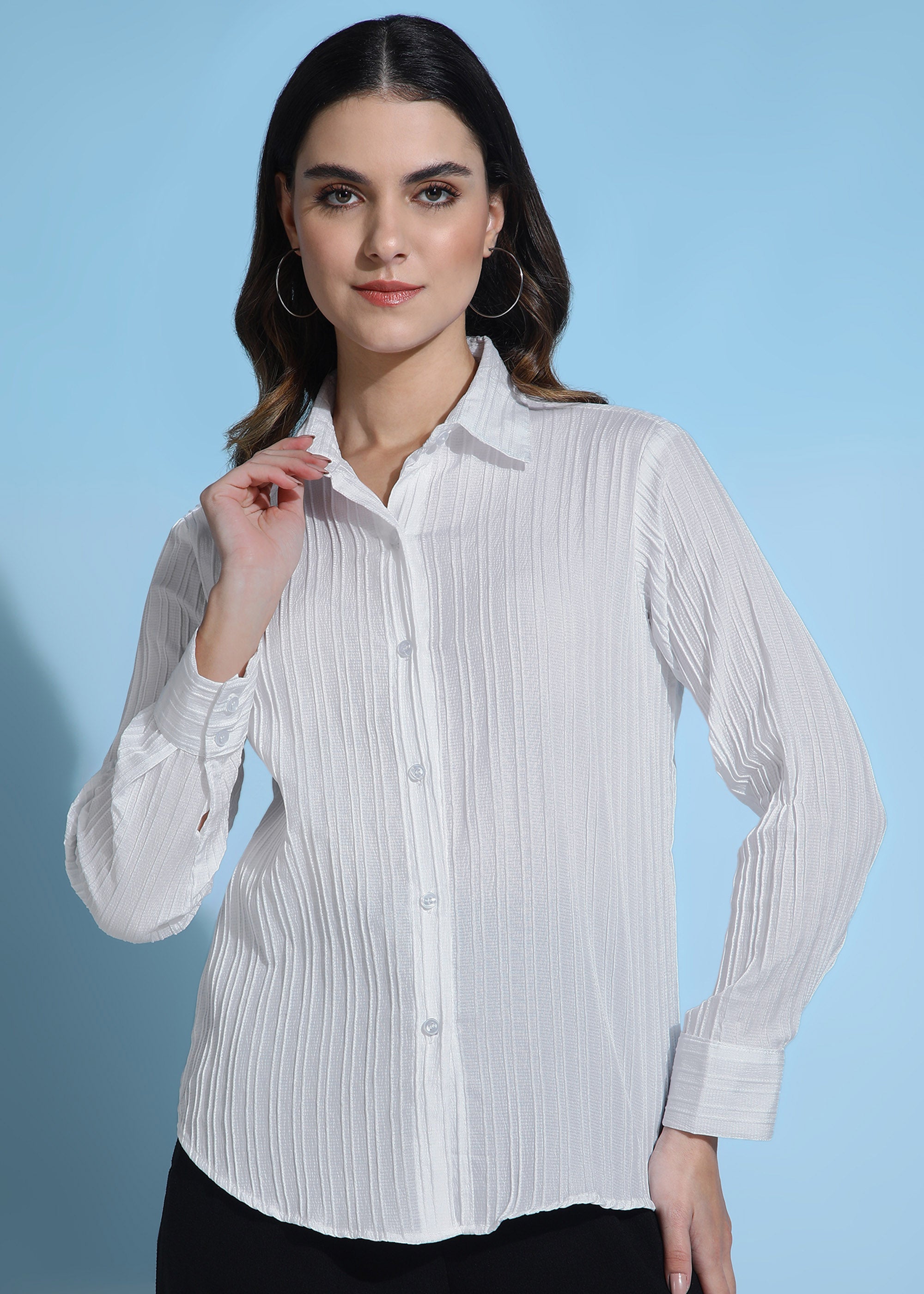 Women White Ribbed Long Sleeve Button-Down Shirt Top