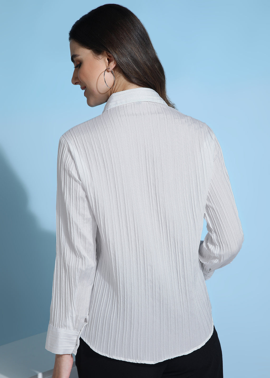 Women White Ribbed Long Sleeve Button-Down Shirt Top