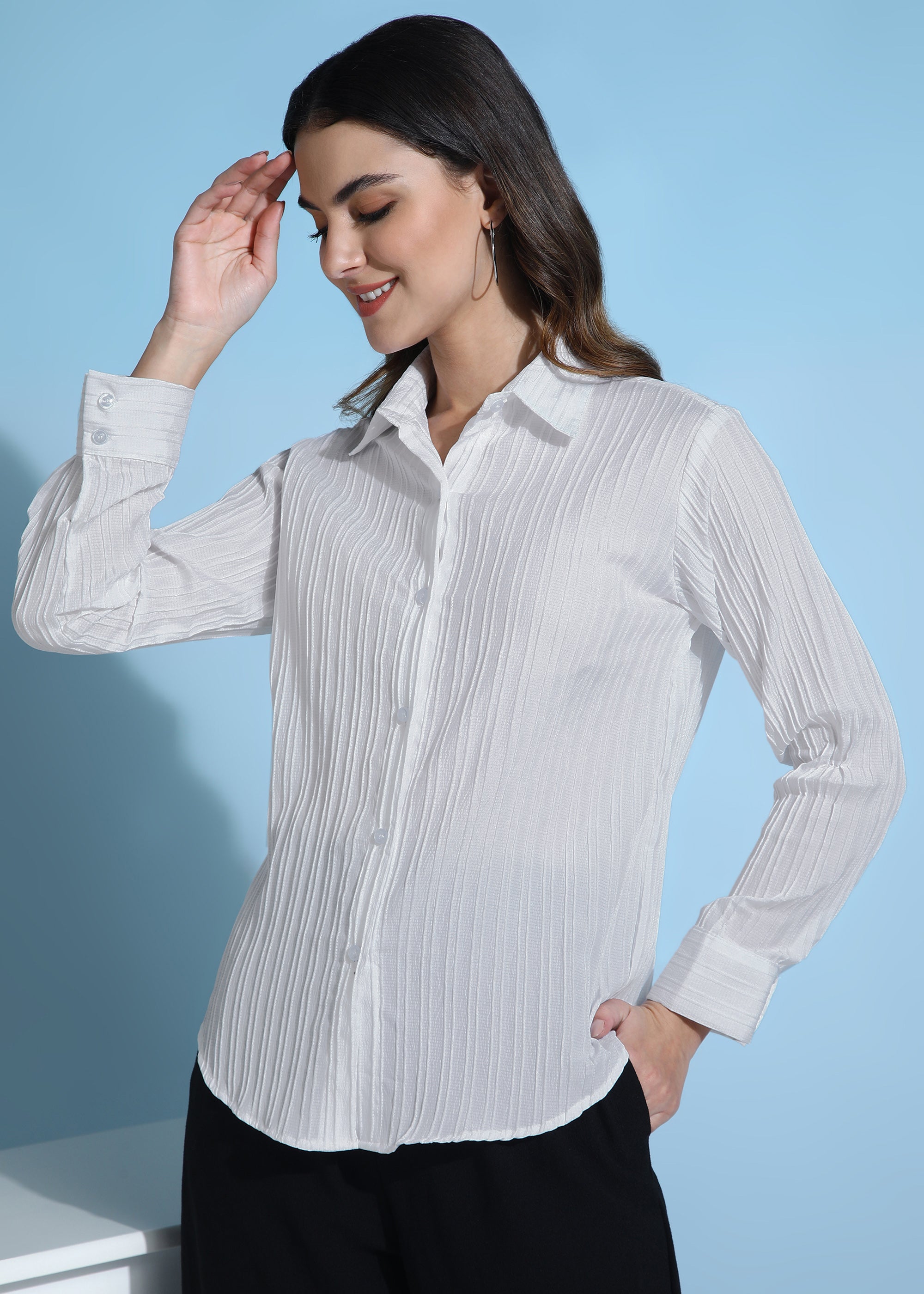 Women White Ribbed Long Sleeve Button-Down Shirt Top
