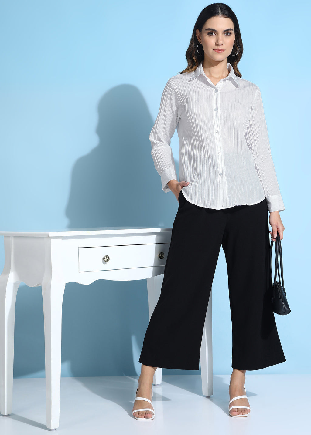 Women White Ribbed Long Sleeve Button-Down Shirt Top