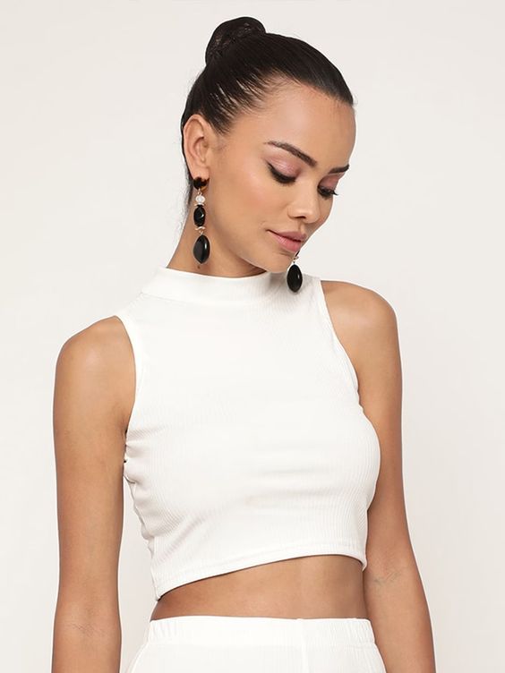 Women White Ribbed Sleeveless High-Neck Crop Top