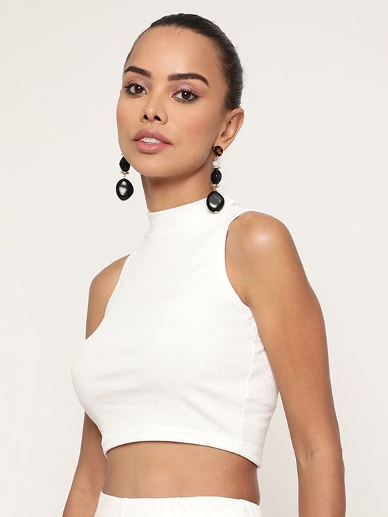 Women White Ribbed Sleeveless High-Neck Crop Top