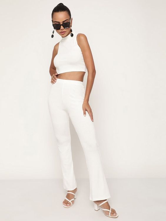 Women White Ribbed Sleeveless High-Neck Crop Top