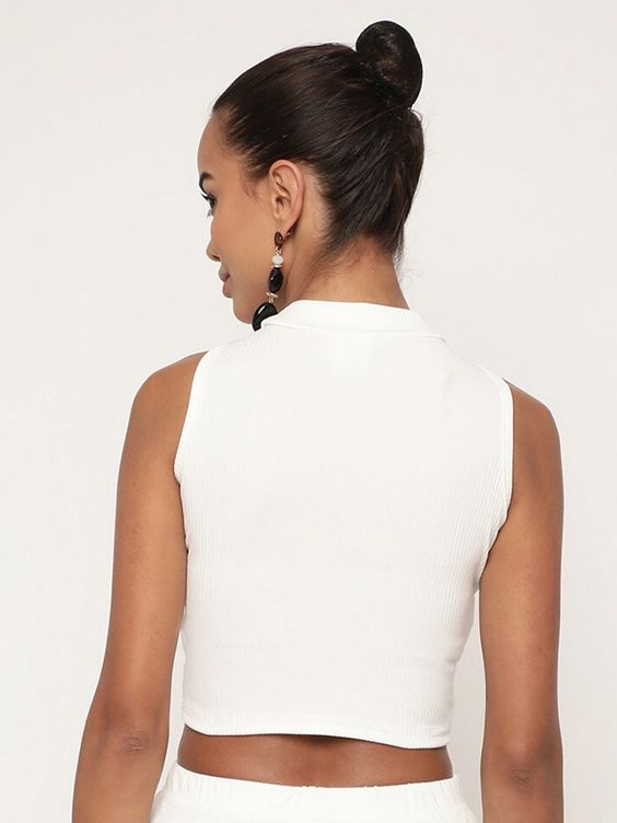 Women White Ribbed Sleeveless High-Neck Crop Top