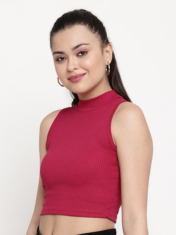 Women Pink Ribbed Sleeveless High-Neck Crop Top