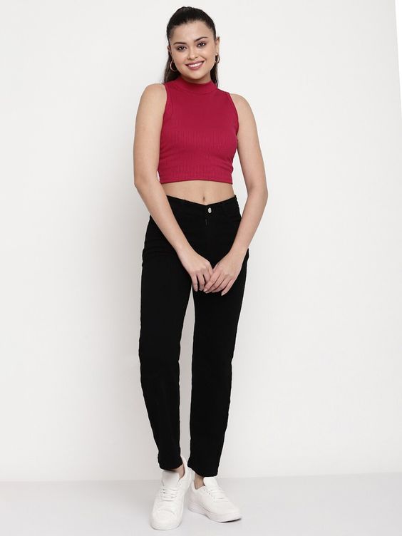 Women Pink Ribbed Sleeveless High-Neck Crop Top