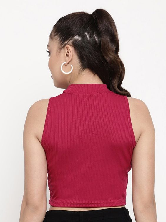 Women Pink Ribbed Sleeveless High-Neck Crop Top