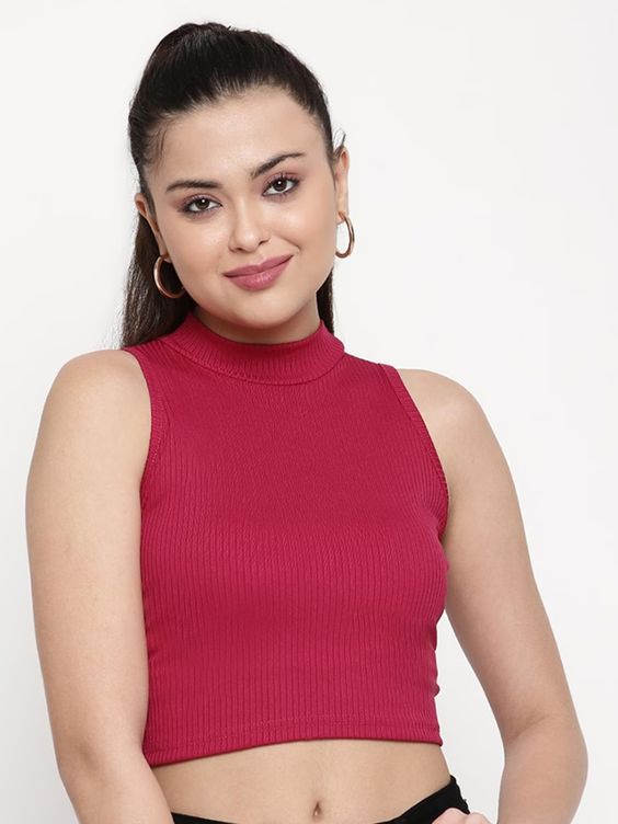 Women Pink Ribbed Sleeveless High-Neck Crop Top