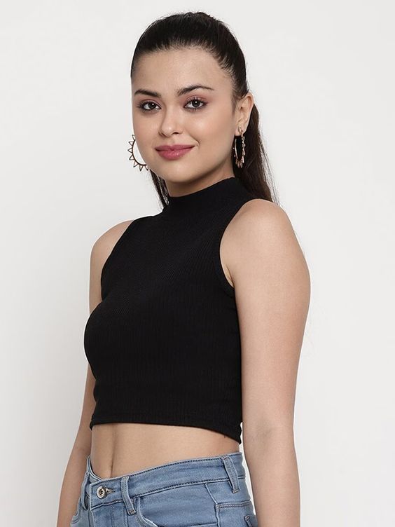 Women Black Ribbed Sleeveless High-Neck Crop Top