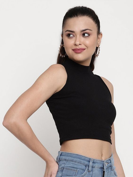 Women Black Ribbed Sleeveless High-Neck Crop Top