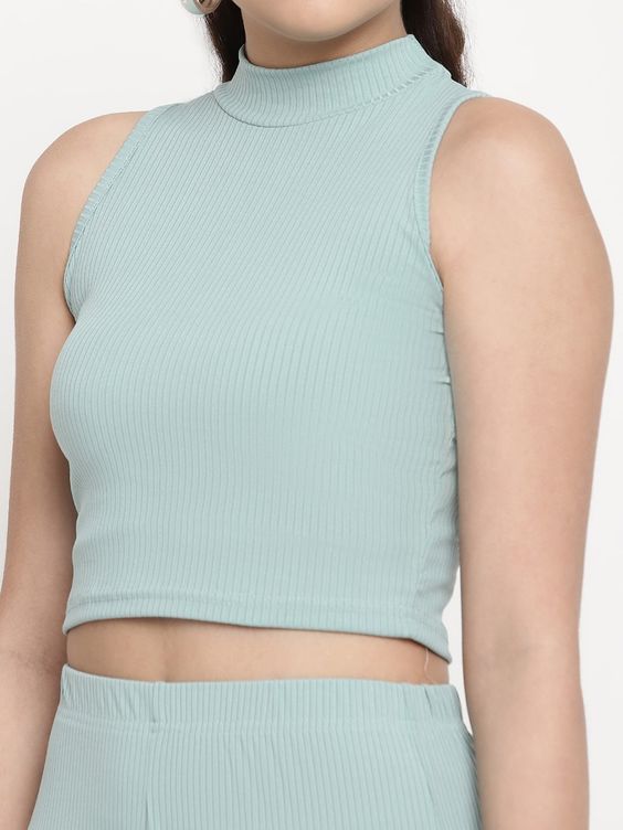 Women Sea Green Ribbed Sleeveless High-Neck Crop Top