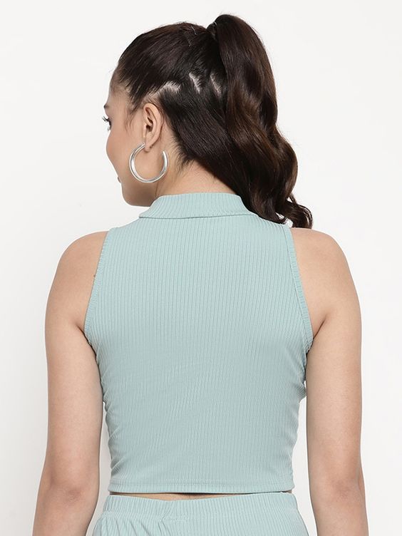 Women Sea Green Ribbed Sleeveless High-Neck Crop Top