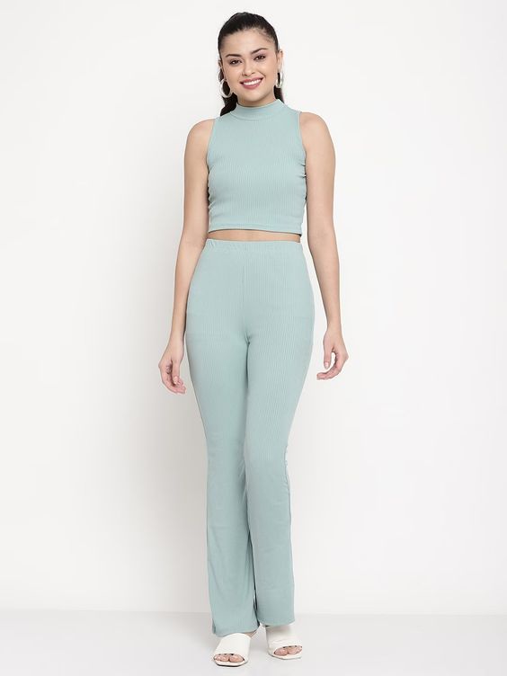 Women Sea Green Ribbed Sleeveless High-Neck Crop Top