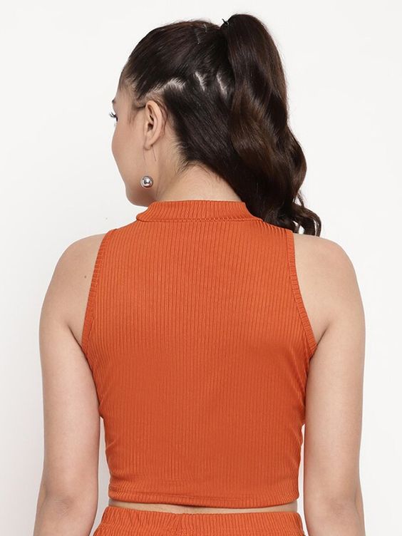 Women Orange Ribbed Sleeveless High-Neck Crop Top