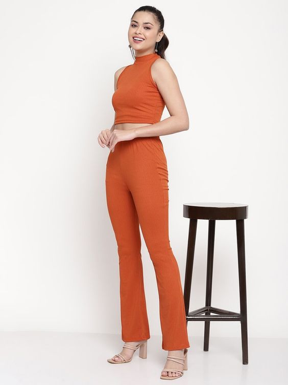 Women Orange Ribbed Sleeveless High-Neck Crop Top