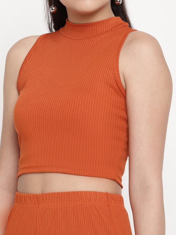 Women Orange Ribbed Sleeveless High-Neck Crop Top