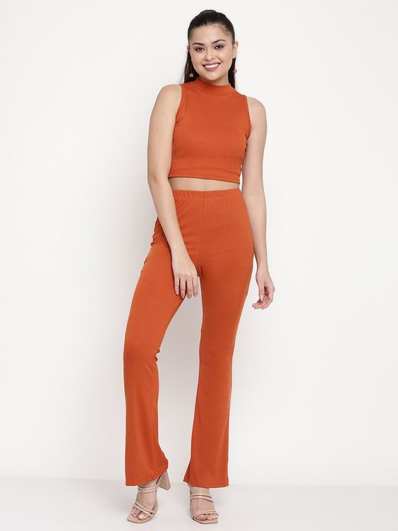 Women Orange Ribbed Sleeveless High-Neck Crop Top
