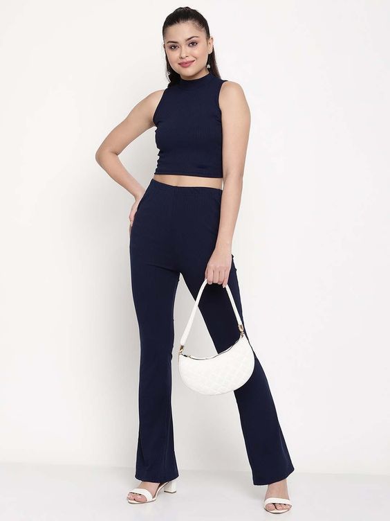 Women Navy Blue Ribbed Sleeveless High-Neck Crop Top