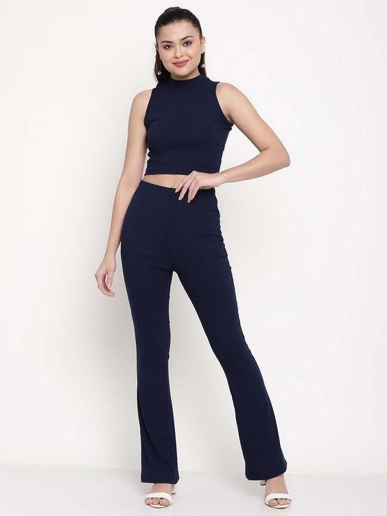 Women Navy Blue Ribbed Sleeveless High-Neck Crop Top