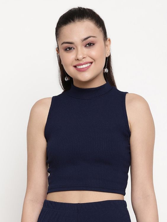 Women Navy Blue Ribbed Sleeveless High-Neck Crop Top