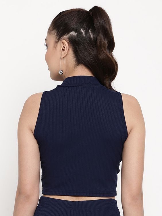 Women Navy Blue Ribbed Sleeveless High-Neck Crop Top