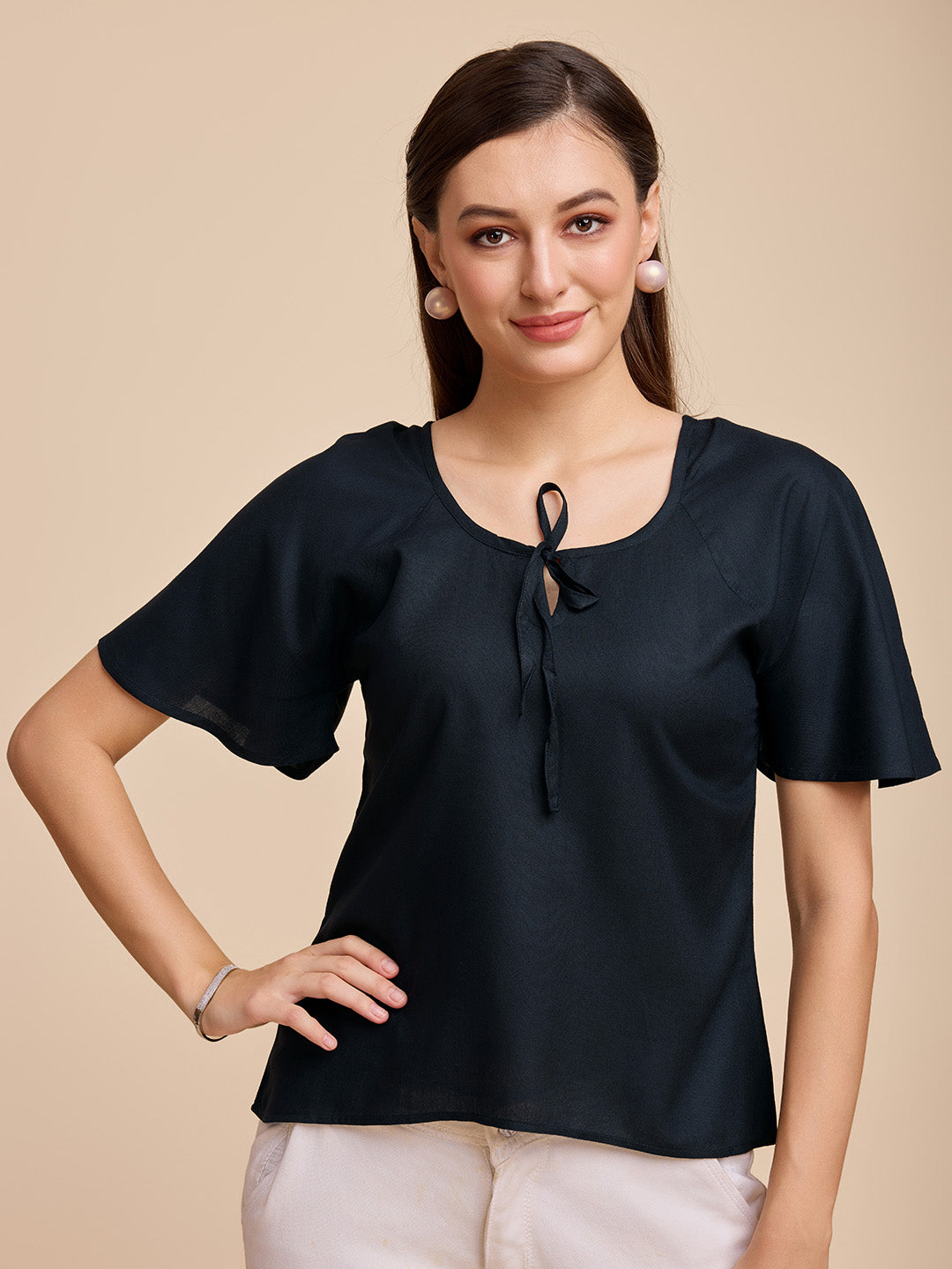 Women Black Keyhole Neck Bell Short Sleeve Solid Top