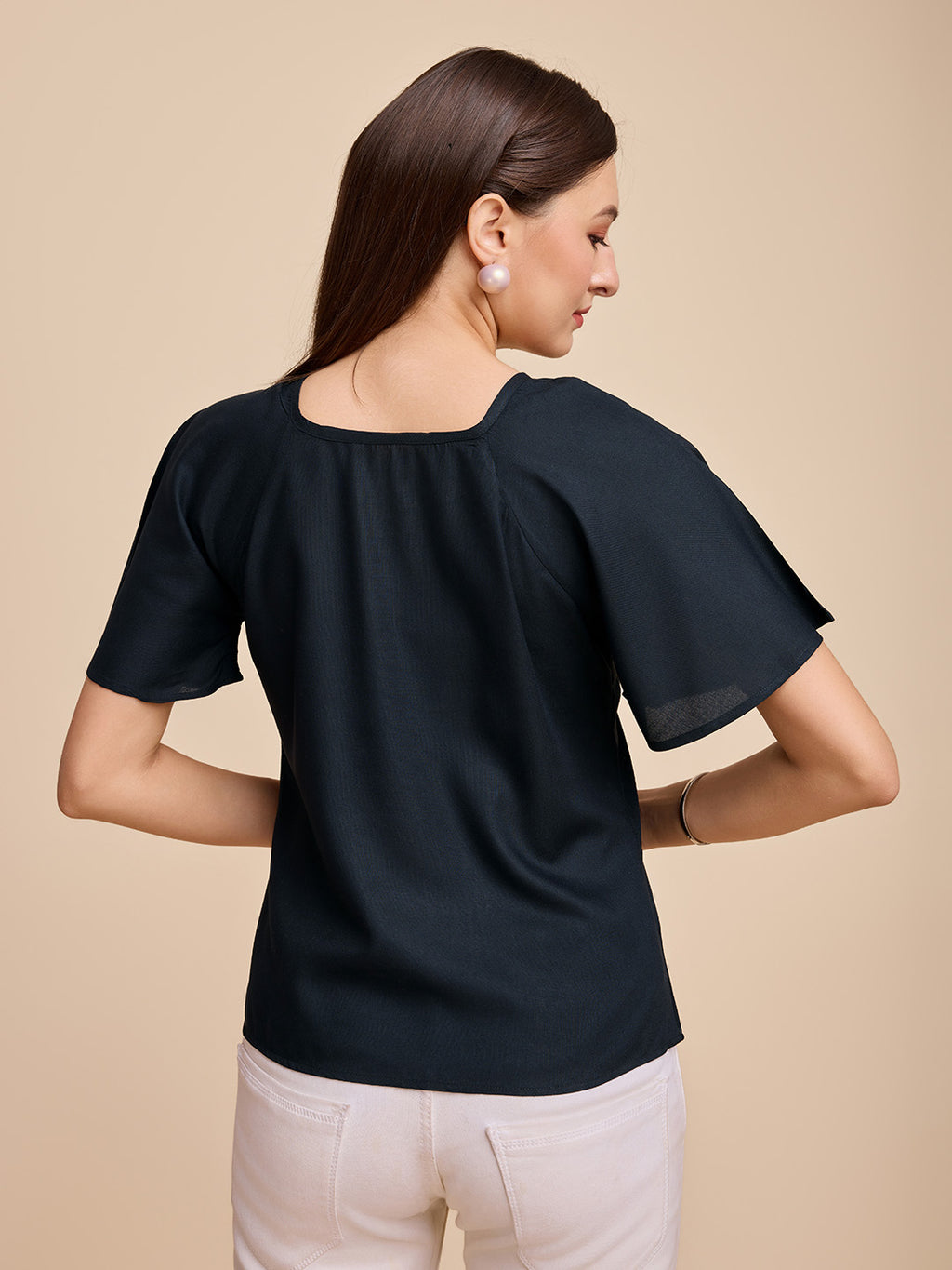 Women Black Keyhole Neck Bell Short Sleeve Solid Top