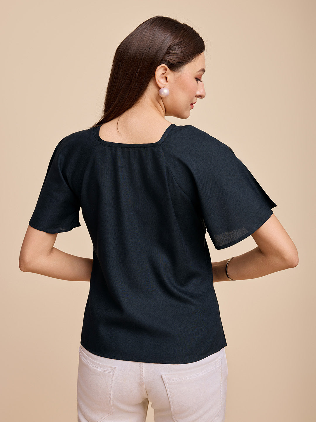 Women Black Keyhole Neck Bell Short Sleeve Solid Top