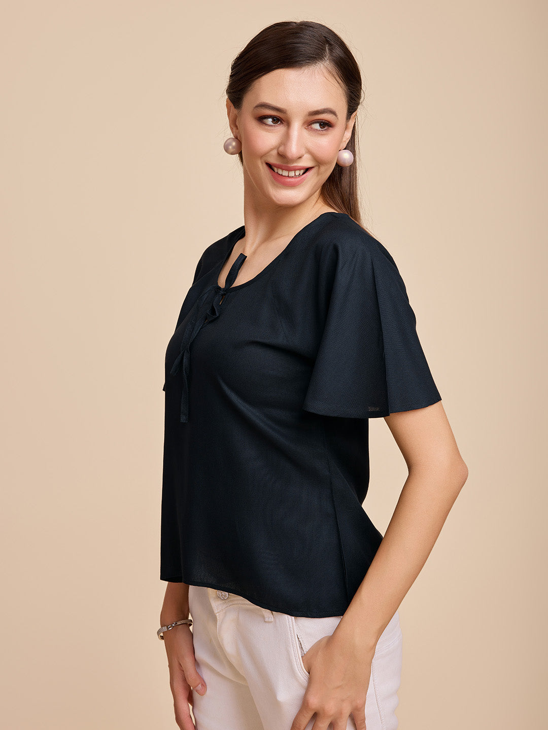 Women Black Keyhole Neck Bell Short Sleeve Solid Top