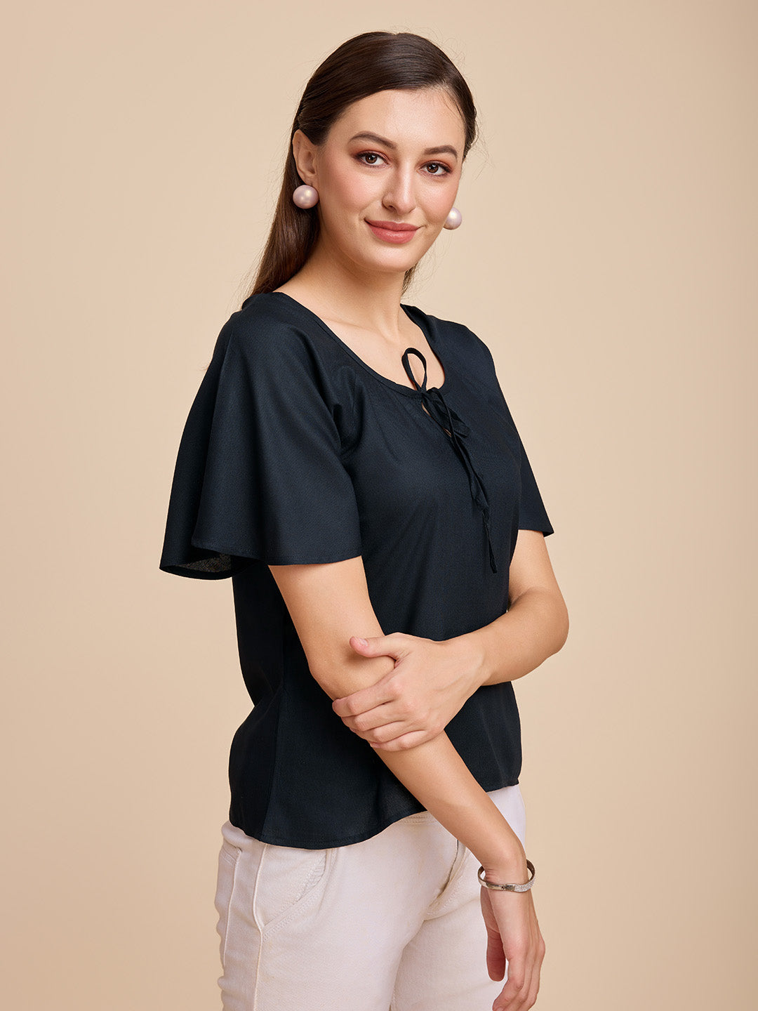 Women Black Keyhole Neck Bell Short Sleeve Solid Top