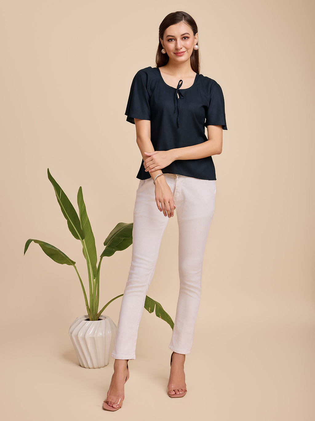 Women Black Keyhole Neck Bell Short Sleeve Solid Top