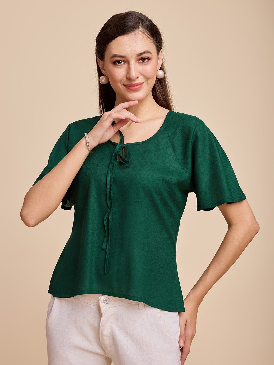 Women Green Keyhole Neck Bell Short Sleeve Solid Top