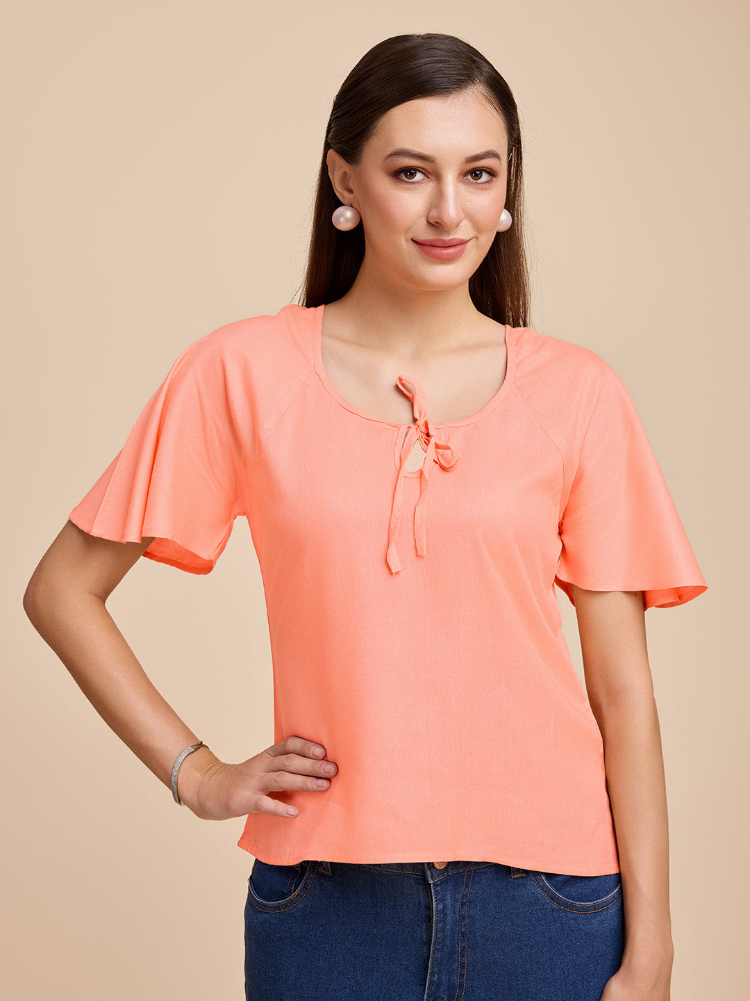 Women Peach Keyhole Neck Bell Short Sleeve Solid Top